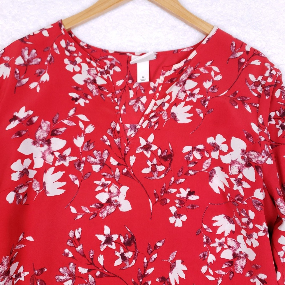 Ava & Viv Red Floral Split Neck Blouse 1X Long Sleeve Plus Size Lightweight - Picture 2 of 10